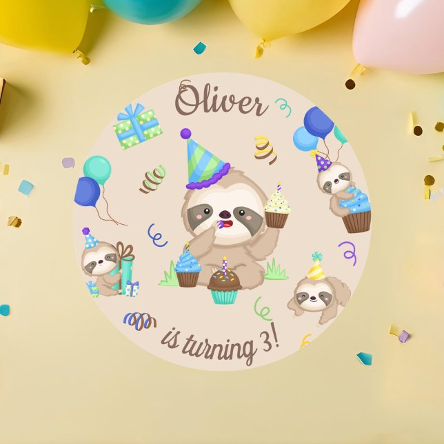 Lazy Day Cute Sloth Birthday Party Classic Round Sticker (Creator Uploaded)