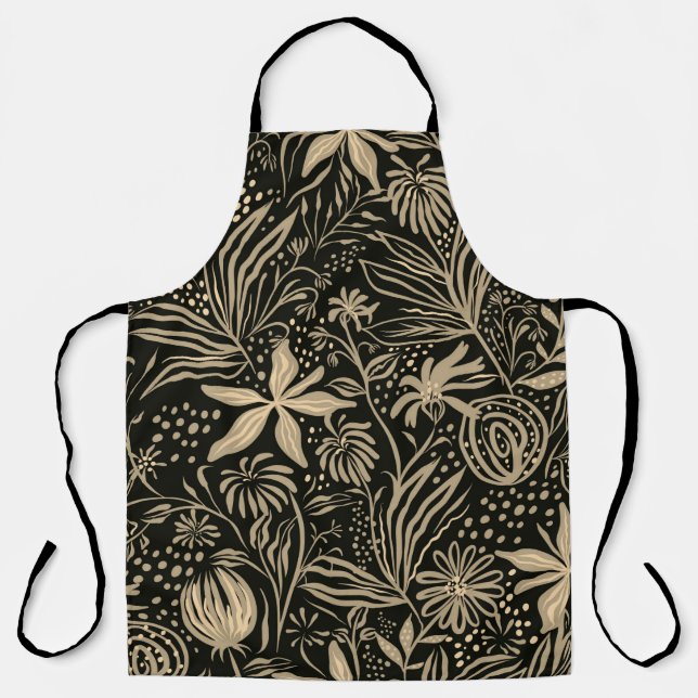 Lazy Floral Pattern in Gold on Black  Apron (Front)
