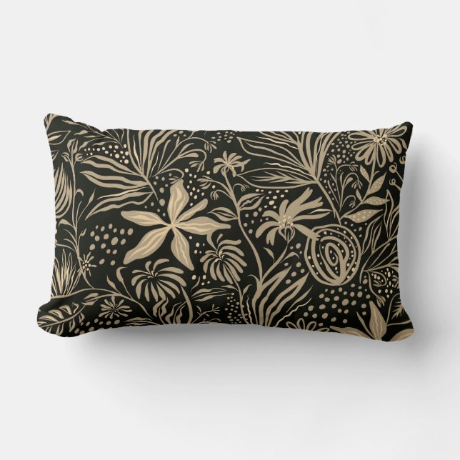 Lazy Floral Pattern in Gold on Black  Lumbar Pillow (Front)