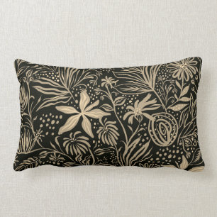 Lazy Floral Pattern in Gold on Black Lumbar Pillow