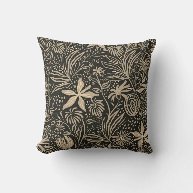 Lazy Floral Pattern in Gold on Black  Outdoor Pillow (Front)