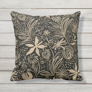 Lazy Floral Pattern in Gold on Black  Outdoor Pillow