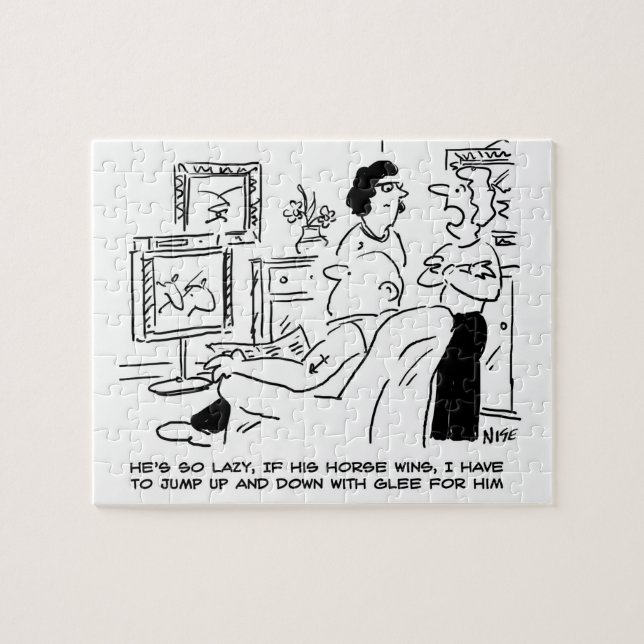 Lazy Man Watches Horse Racing on Television Jigsaw Puzzle (Horizontal)