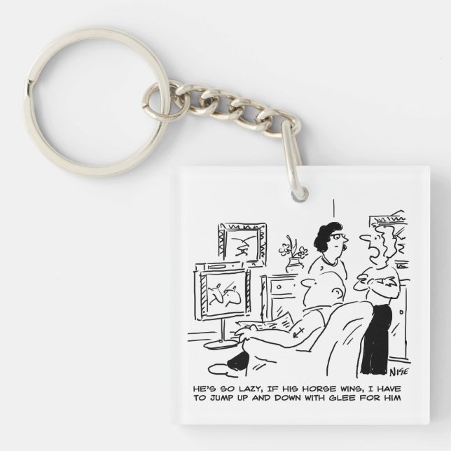 Lazy Man Watches Horse Racing on Television Keychain (Front)
