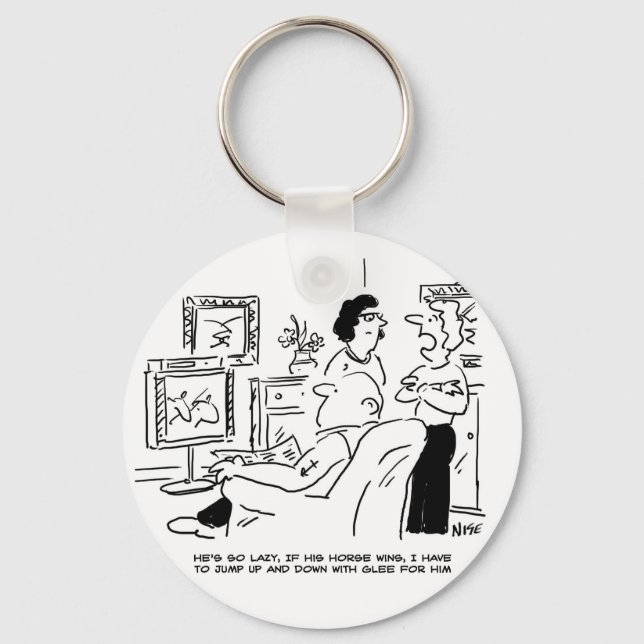 Lazy Man Watches Horse Racing on Television Keychain (Front)