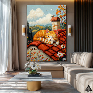Lazy Rooftop Cat – Naïf Cozy Countryside Art Poster