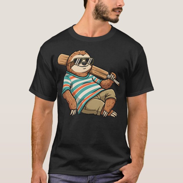 Lazy Sloth Baseball Player Summer Vibes T-Shirt (Front)