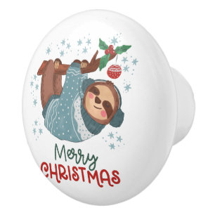 Lazy Sloth Christmas Ceramic Knob