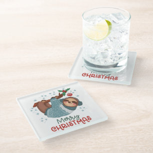 Lazy Sloth Christmas Glass Coaster
