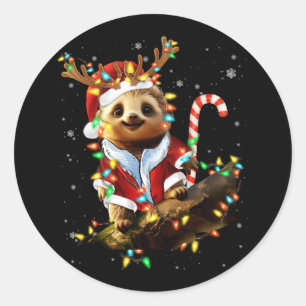 Lazy Sloth Lover Xmas Sloth Reindeer Light Merry C Classic Round Sticker