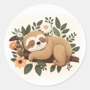 Lazy sloth sleeping on a branch cartoon            classic round sticker