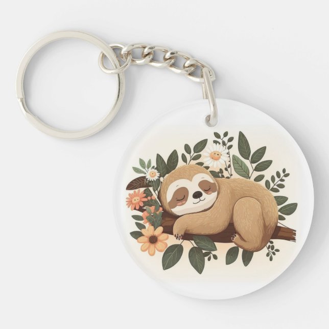 Lazy sloth sleeping on a branch cartoon            keychain (Front)