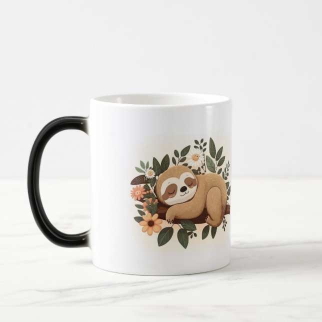 Lazy sloth sleeping on a branch cartoon            magic mug (Left)
