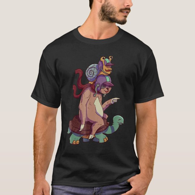 Lazy Snail Sloth Riding Slow Turtle Funny T-Shirt (Front)