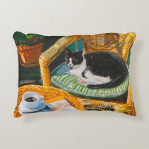 Lazy Sunday Morning   Cozy Cat & Coffee Painting Accent Pillow