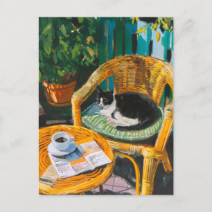 Lazy Sunday Morning Cozy Cat & Coffee Painting Holiday Postcard