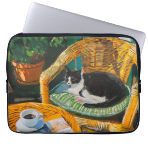 Lazy Sunday Morning Cozy Cat & Coffee Painting Laptop Sleeve