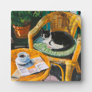 Lazy Sunday Morning Cozy Cat & Coffee Painting Plaque
