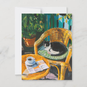 Lazy Sunday Morning   Cozy Cat & Coffee Painting Postcard