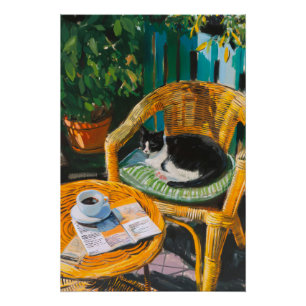 Lazy Sunday Morning   Cozy Cat & Coffee Painting Poster