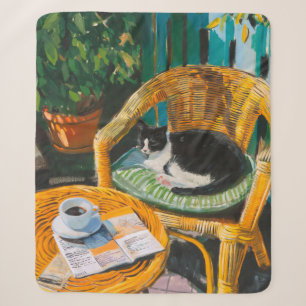Lazy Sunday Morning Cozy Cat & Coffee Painting Sherpa Blanket
