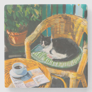 Lazy Sunday Morning   Cozy Cat & Coffee Painting Stone Coaster