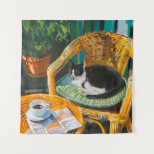 Lazy Sunday Morning Cozy Cat & Coffee Painting Tapestry