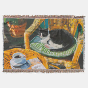 Lazy Sunday Morning Cozy Cat & Coffee Painting Throw Blanket