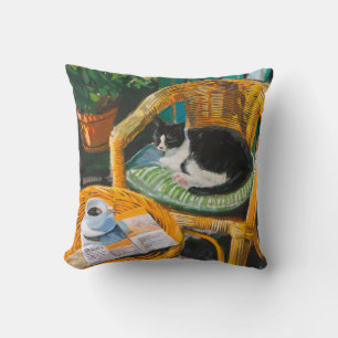 Lazy Sunday Morning   Cozy Cat & Coffee Painting Throw Pillow