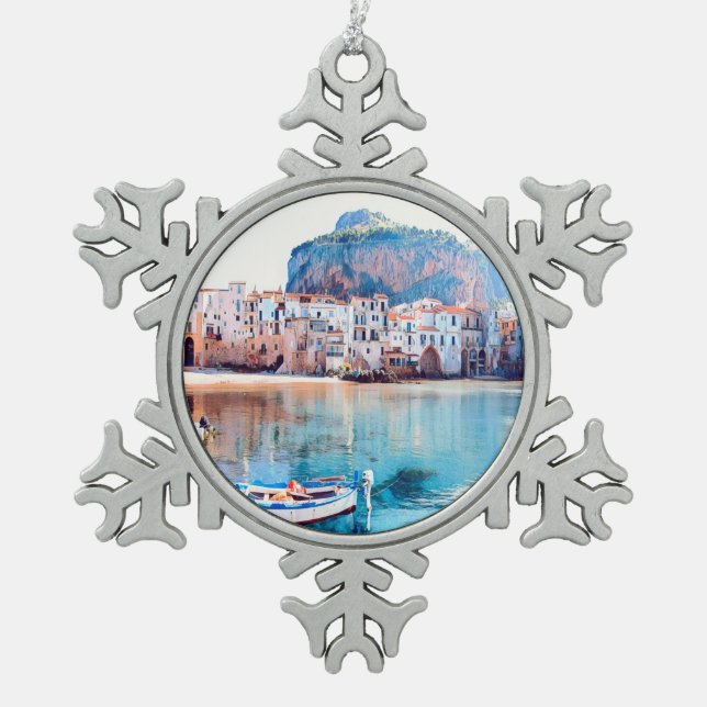 ldp CEFALÙ - Sicily - beach - panorama Snowflake Pewter Christmas Ornament (Front)
