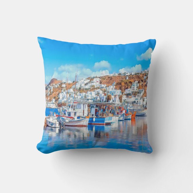 ldp MYKONOS - fishing boats - harbour - panorama Throw Pillow (Front)