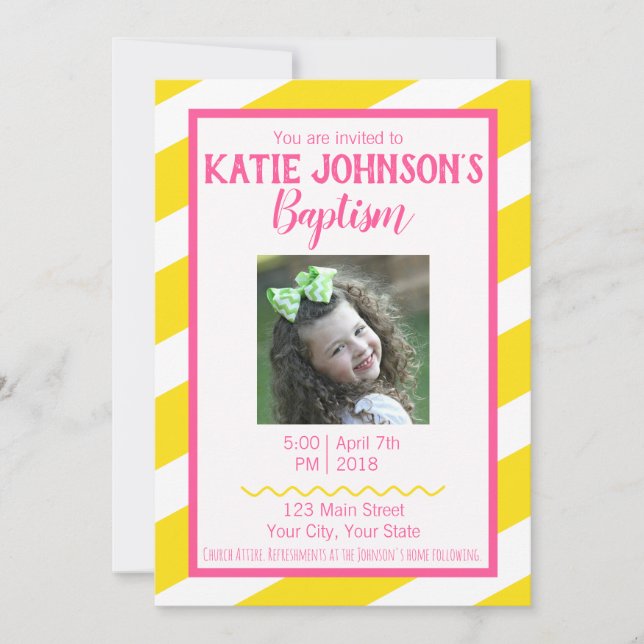 LDS Baptism Invitation GIRL - Yellow and Pink (Front)
