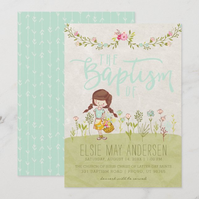 LDS BAPTISM INVITATION | Pretty Cute Floral Girl (Front/Back)