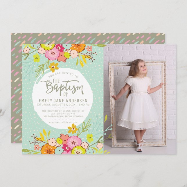 LDS BAPTISM PHOTO INVITATION | Modern Bright Girl (Front/Back)