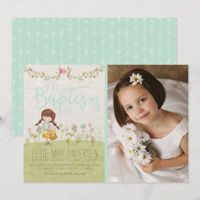 LDS BAPTISM PHOTO INVITATION | Pretty Floral Girl (Front/Back)