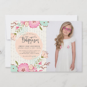 LDS BAPTISM PHOTO INVITE Elegant Floral Girl