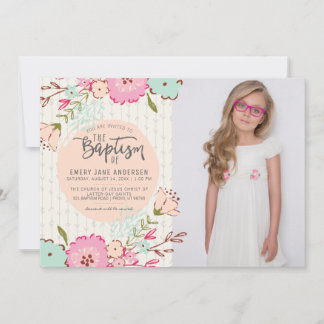 LDS BAPTISM PHOTO INVITE | Elegant Floral Girl