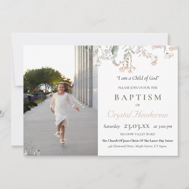 LDS Church Of Jesus Christ Baptism Floral  Invitation (Front)