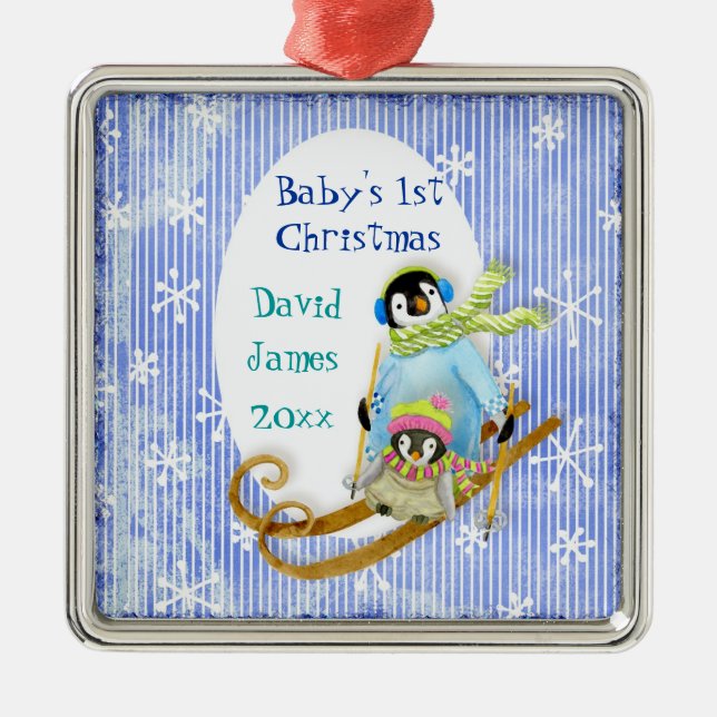 Le 1er ornement de Noël du bébé Penguin Skiing (Devant)