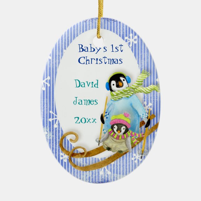 Le 1er ornement de Noël du bébé Penguin Skiing (Devant)