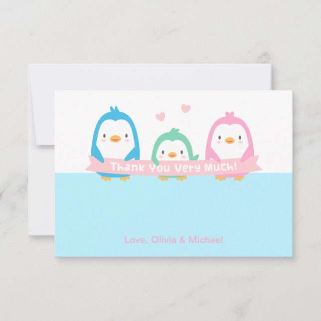 Le Baby shower de la famille Penguin Merci Cartes (Devant)