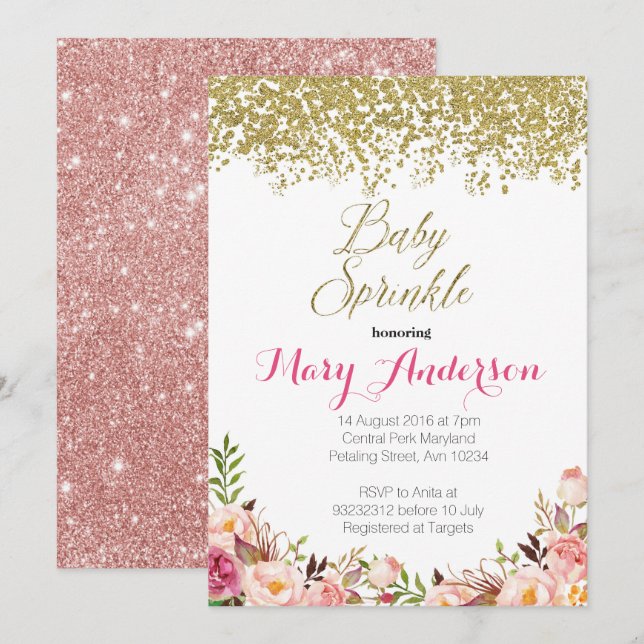 Le bébé floral d'or rose arrosent des invitations (Devant / Derrière)