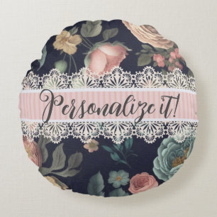 Le Boudoir Noir Vintage Lace and Fabric Round Pillow