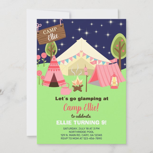 Le camping glamping fille invitation anniversaire. (Devant)