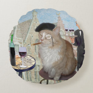Le Cat du Cafe Round Pillow