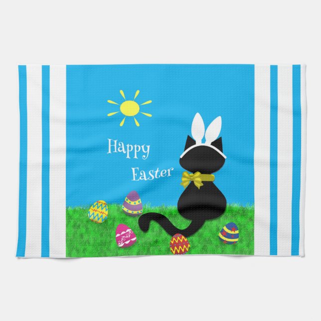 Le chat mignon Joyeuses Pâques barre la serviette (Horizontal)