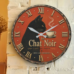Le Chat Noir Café Vintage Black Cat Coffee Decor Large Clock