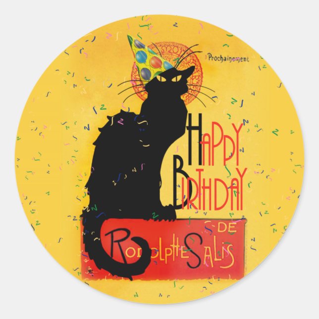 Le Chat Noir Happy Birthday Classic Round Sticker (Front)