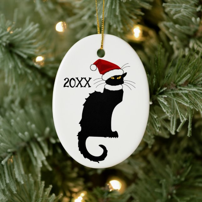 Le Chat Noir Santa Hat Christmas Ceramic Ornament (Tree)