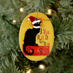 Le Chat Noir Santa Hat Christmas Ceramic Ornament